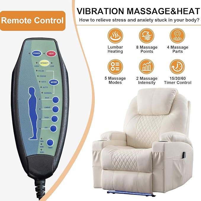 AHMED Power Recliner Chair with Vibration Massage & Heat for Adults, Faux Leather Home Theater Seating with Cup Holders/LED Lights/USB Ports/Side Pockets for Living Room, Beige