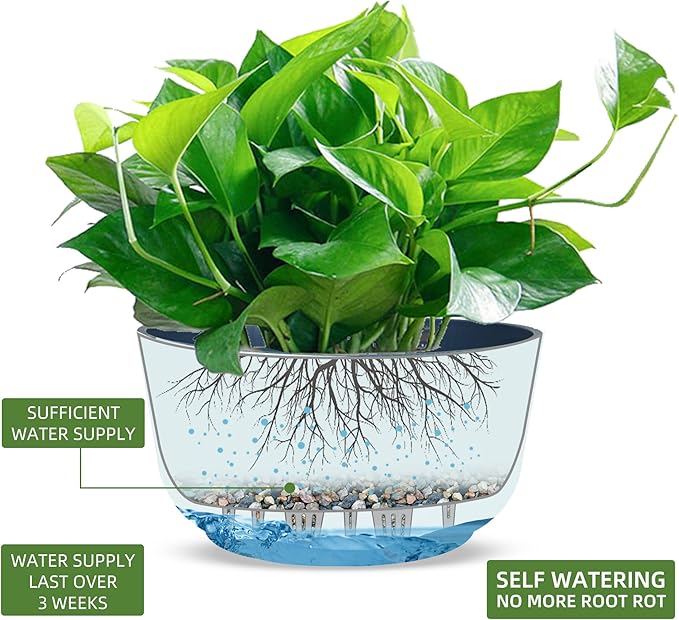 Dexceder 8.75 Inch Self Watering Hanging Planters Indoor Outdoor, Thickened Hanging Basket Flower Plant Pot (2 Pack, Deep Blue)