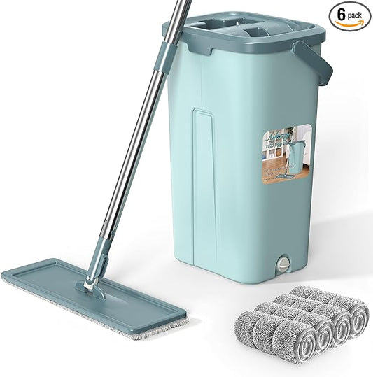 Aifacay Mop and Bucket with Wringer Set, Flat Wall Mop and Bucket Set with 4 Reusable Microfiber Pads, Hand Wash Free Floor Cleaning System Wet and Dry Use for Hardwood Tile Window Corner Baseboard