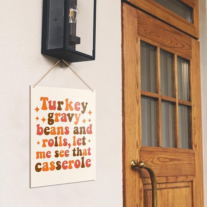 UDNADKEX Thanksgiving Decorations Hanging Sign, Autumn Fall Decor Wooden Wall Sign Thanksgiving Decorations, Turkey Gravy Beans and Rolls