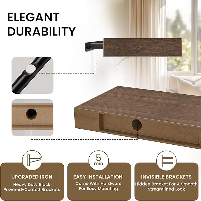 Square Floating Shelves for Wall, 12" W x 12" D x 1.2" H, Small Wooden Wall Mounted Display Shelves with Invisible Brackets for Living Room, Bedroom, Bathroom, Kitchen Decor, Set of 3, Walnut