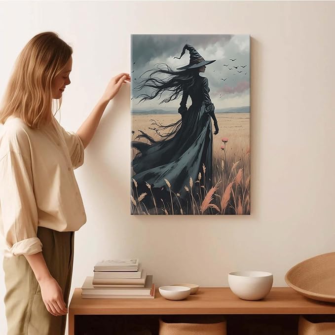 JFHCQJPK Gothic Decor Canvas Wall Art Witch in Rice Field Halloween Art Decor Print Nature Print Victorian Home Bedroom12x16in Frameless