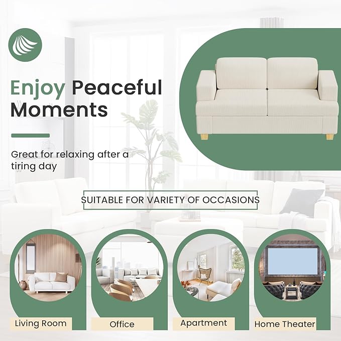 2 Pieces Corduroy Couch Set for Living Room, 5 Seats Cloud Sofa, Deep Seat Floor Couch for Bedroom, Futon Modern Sofa Bed, White Corduroy