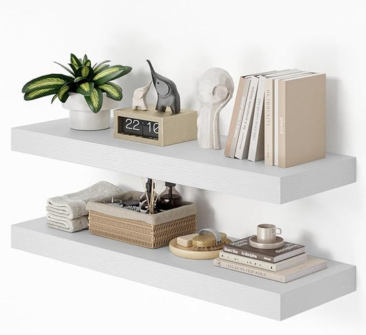 Heimlove 36 Inch Long Floating Shelf for Wall, 12" Deep White Floating Shelves Wall Shelves for Bedroom Living Room Bedroom, Wall Mounted Shelves for Storage Book Decor, Set of 2