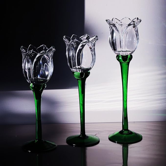 VOHO Tulips Glass Clear Candle Holder Decor for Home Living Room, 3pcs Varying Heights Tealight Candle Holder Wedding Centerpieces for Tables, White Flower Tall Votive Candle Holders Gifts for Friends