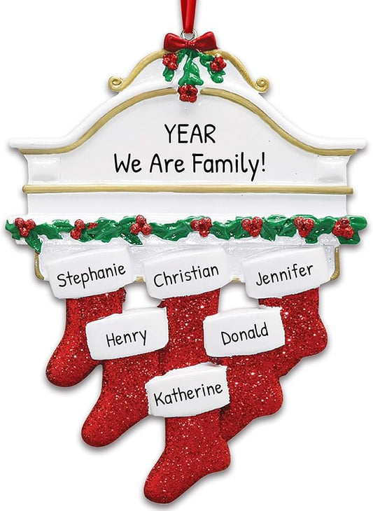 3D White Mantle Family of 6 Christmas Ornament 2025 Personalized Family Christmas Ornaments 2025 | Garland Fireplace Personalized Tree Ornaments Customizable Gifts Red Stockings of Six Ornament