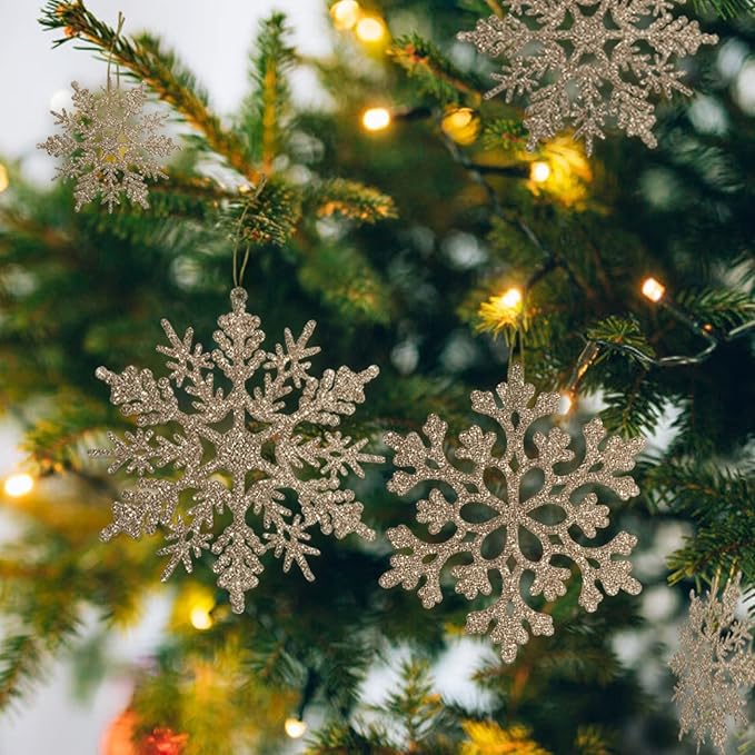 36pcs Christmas Champagne Gold Snowflake Ornaments Plastic Glitter Snow Flakes Ornaments for Winter Christmas Tree Decorations Size Varies Craft Snowflakes