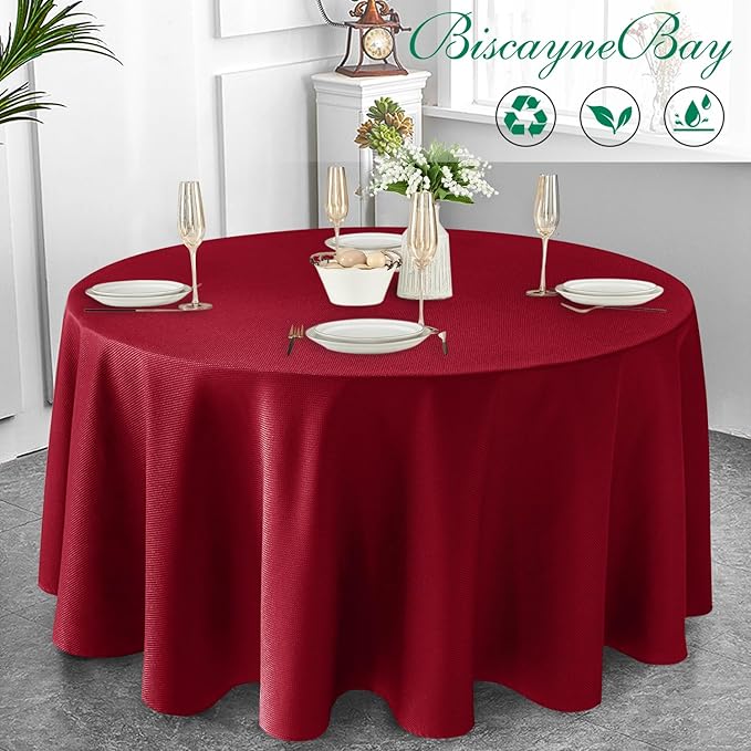 Biscaynebay Textured Fabric Christmas Round Table Cloth 90", Red Water Resistant Spill Proof Folding Table Covers for Dining, Kitchen, Wedding & Parties Machine Washable