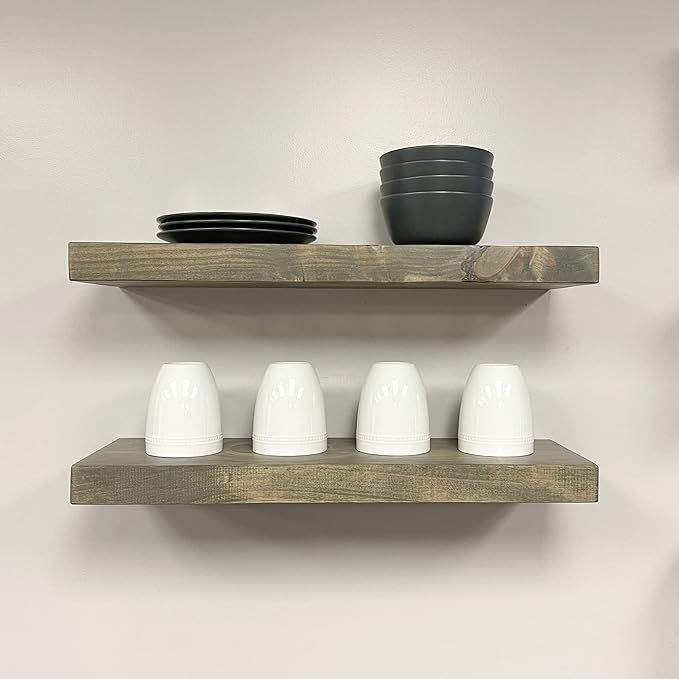 PJ DECOR URBANDI, Rustic Floating Shelves, Set of 2, Hidden Bracket, Solid Wood, Heavy Duty, Wall Mounted Shelves, (Grey, 24Wx6D)
