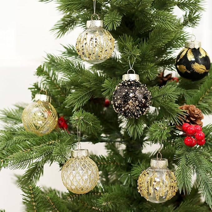 25PCS Christmas Ornaments Set, 2.36"/6CM Clear Plastic Shatterproof Christmas Ball Hanging Ornaments for Xmas Tree Decorations, for Indoor Home Party Holiday Decor - Black/Gold.