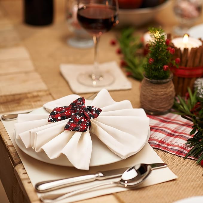 LemonRoad 12 Pcs Christmas Buffalo Plaid Snowflakes Napkin Rings Bulk Xmas Napkin Holder Rings Buckle for Holiday Birthday Party Anniversary Dinner Wedding Dining Table Decoration(Red Black Plaid)