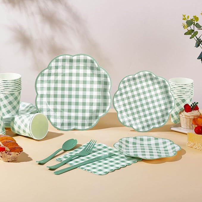 175 Pcs Sage Green Gingham Paper Plates and Napkins Party Supplies - Sage Green and White Checkered Plates Scalloped Plaid Plate for Birthday Dinner Picnic BBQ Party Decorations, Serve 25 Guests