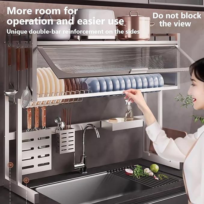 Home Furnishing Dish Rack Over Sink Stainless Steel Over The Sink Dish Drainer Drying Rack Space Kitchen Sink Rack Multifunctional countertop Dish Storage Rack Sink(White,65cm/25.6in)