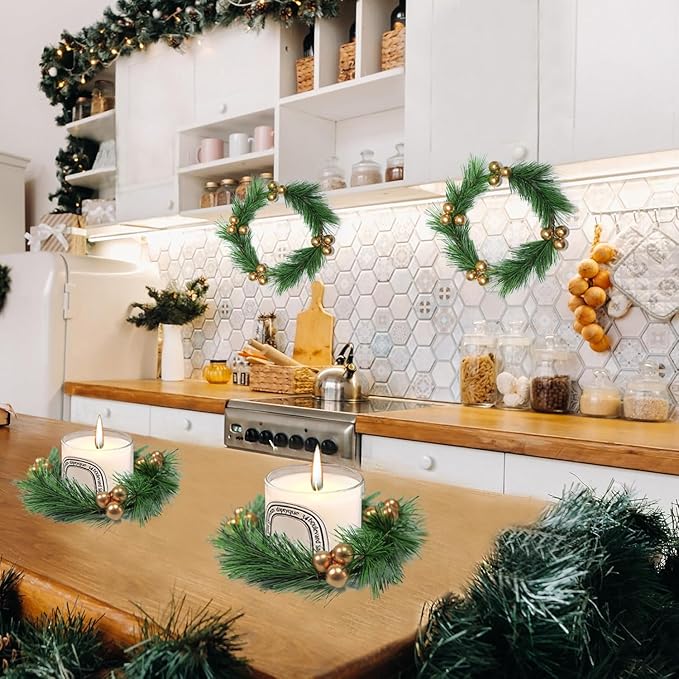 4pcs Christmas Candle Rings Wreaths Artificial Golden Berries Greenery Pine Needles Garland Christmas Wreath Candle Rings Holder for Wedding Christmas Table Centerpiece Home Dinner Table Decor