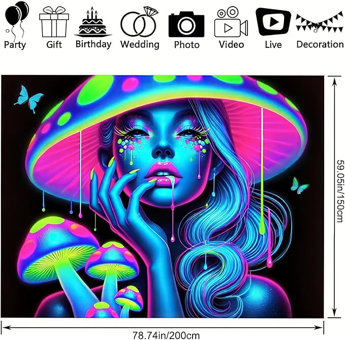 BlissYard UV Reactive Tapestry Psychedelic Mushroom Goddess Wall Fantasy Neon Mushroom Tapestry Glow In The Dark Tapestry Backdrop Wall Hanging for Bedroom Dorm Decor Bedroom 59 X 78 inches