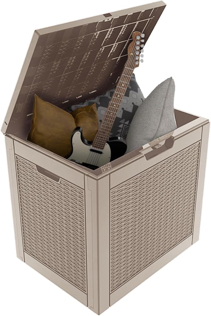 33 Gallon Deck Box Large Outdoor Storage for Patio Furniture,Outdoor Cushions,Garden Tools and Pool Supplies,Waterproof,Resin,Lockable(Grey)