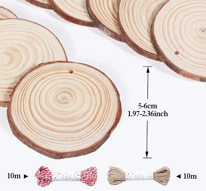 30 Pcs Wood Slices For Crafts, 1.7"-2.3” Pre-Drilled Holes Wood Rounds, 66 Feet Twine String, Wooden Circles For Crafts Burning Painting Diy Crafts Christmas Wedding Party Wedding Decor Party