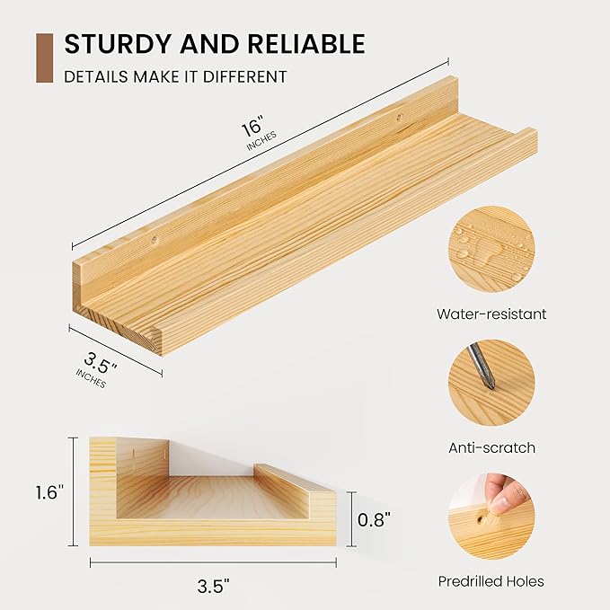 Picture Ledge Shelf, Solid Pine Wood Floating Shelves Set of 4, 16 Inches Nursery Book Shelves for Toys Storage, Kids Bookshelf Wall Mounted for Living Room Decor Photo Frames, Natural