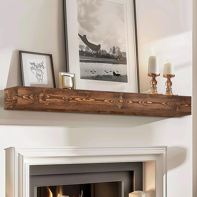 56x8x5 Fireplace Mantel - Handcrafted Hollow Rustic Solid Wood Wall Mounted Floating Shelf with Invisible Heavy Duty Wood Bracket (Weathered Brown)