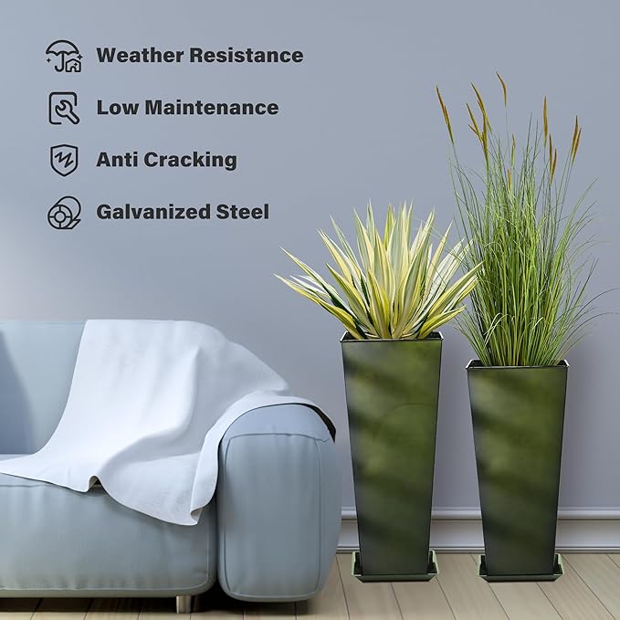 KOL 25'' & 28'' Tall Bright Glazed Planter with Insert, Set of 2, Galvanized Steel Planter Metal Pots with Drainage Hole for Indoor & Outdoor Use, Decorative Plant Pots for Front Porch, Patio - Green