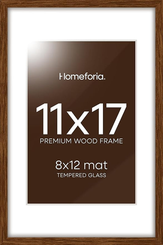 Homeforia 11x17 Brown Picture Frame, High End Dark Oak 11x17 Poster Wood Frame with Mat 8x12 Print, 11 x 17 Wooden Walnut Frame Matted to 8 x 12 Photo, 17x11 Frames, Tempered Glass, Wall Kit, Set of 1