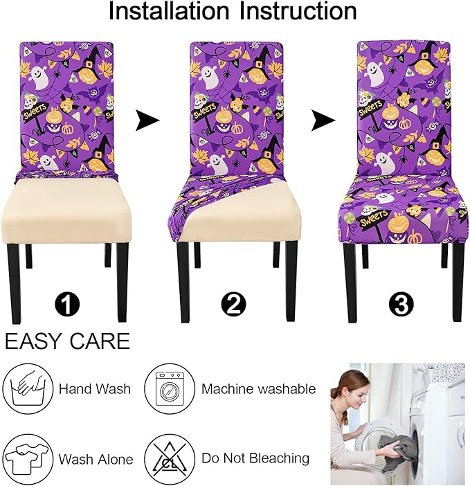 JQinHome Purple Halloween Chair Slipcover, Spider Web Chair Covers Set of 6, High Stretch Washable Chair Protector Cover for Dining Room, Kitchen,Home Party,Wedding Ceremony(Purple Candy,6PC)