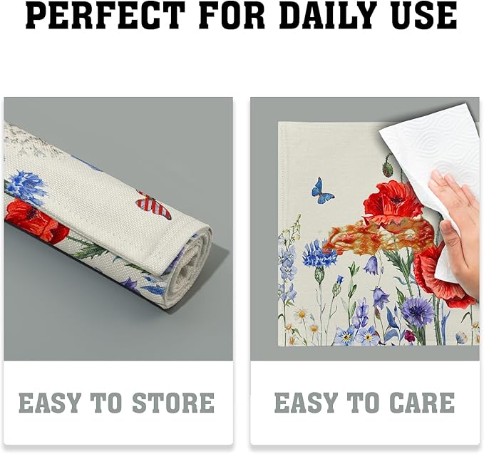 4th of July Placemats Set of 4 Red Blue Floral Patriotic Washable Non-Slip Heat Resistant Place Mats America Memorial Day Independence Day Table Mats 12x18 Inch