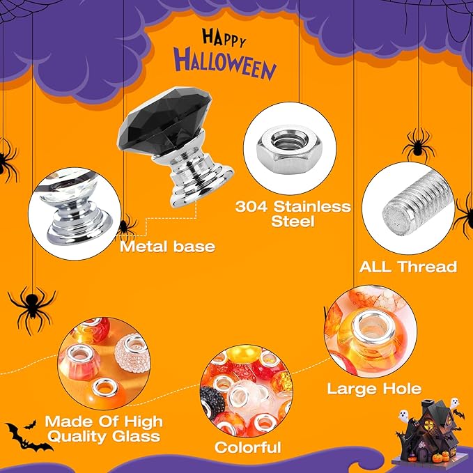 358PCS Halloween Beaded Garden Stakes, DIY Halloween Fairy Wand Garden Stake Decorative Kit with 12 in or 10 in Threaded Rod, Crystal Top, Large Holes Bead, Pendant for Outdoor or Indoor Decoration