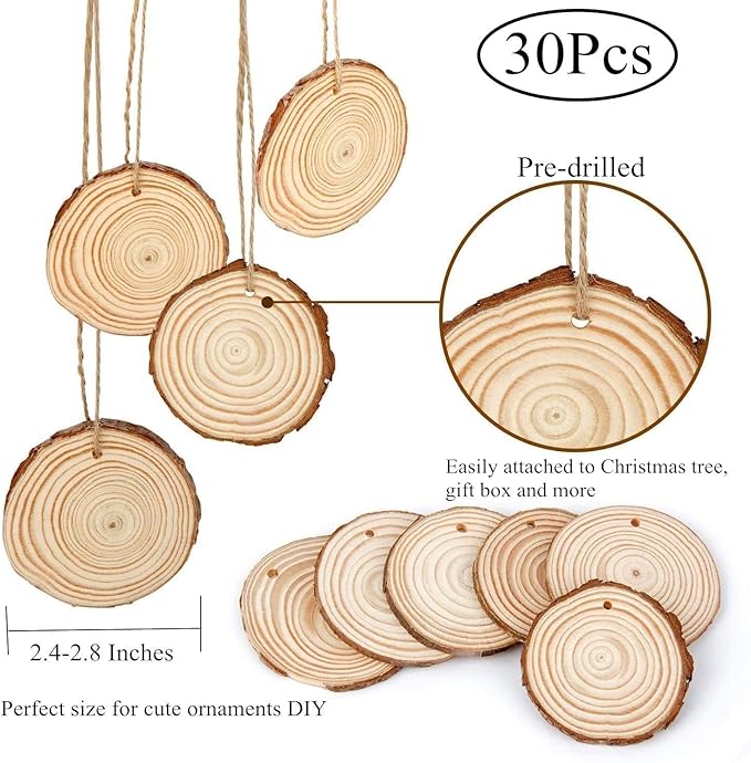 30 Pieces 2.4"-2.8" Natural Wooden Slices, Colovis Unfinished Wood Circles with Holes Tree Bark Round Log Discs DIY Crafts Hanging Ornaments (2.4"-2.8" 30Pcs, Natural)