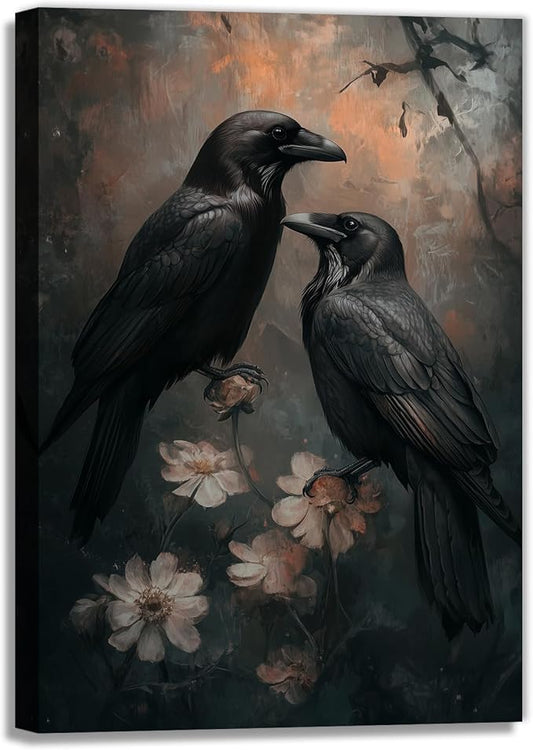 OAAPITI Birds Canvas Wall Art Black Couple Crow Picture Print Vintage Gothic Raven Artwork for Living Room Halloween Home Wall Decor(Artwork-7,24"x36")