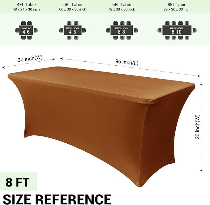 Obstal 8Ft Stretch Spandex Table Cover for Standard Folding Tables - 2 Pack Universal Rectangular Fitted Tablecloth for Party, Banquet, Events, Trade Show (Light Coffee, 96L x 30W x 30H Inches)