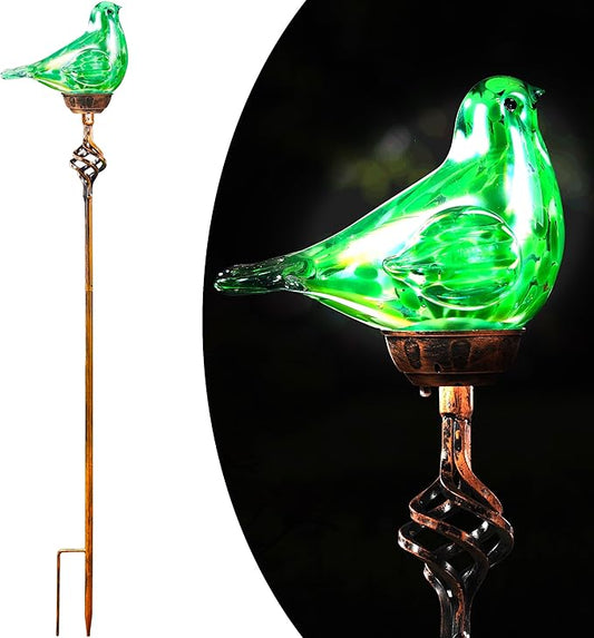 Decorative Solar Lights Outdoor Solar Bird Stake Lights Hand Blown Glass Decorative Garden Pathway Lights Outdoor Waterproof Glass Stakes (Green)