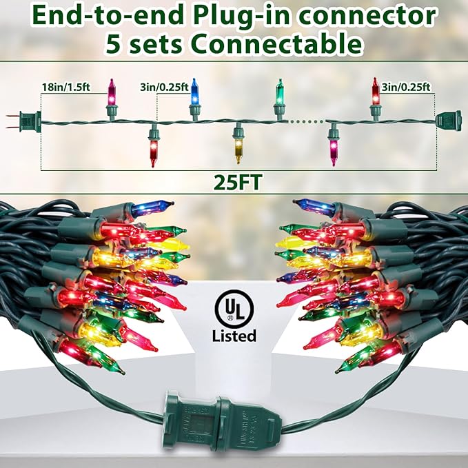 Multicolor Christmas Lights String 25FT 100 Count Incandescent Bulbs Mini Lights with Green Wire for Christmas Tree, Garland, Wedding, Party, Home, Indoor & Outdoor Festival Decoration