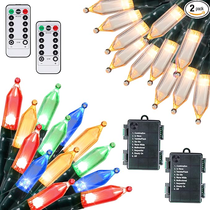 Battery Operated Christmas Lights 2 Pack 18 Feet 50 LED Clear Mini String Lights with 8 Modes Waterproof Tree Lights for Xmas Outdoor Indoor Holiday Party Garden Decor, Warm White + Multicolor