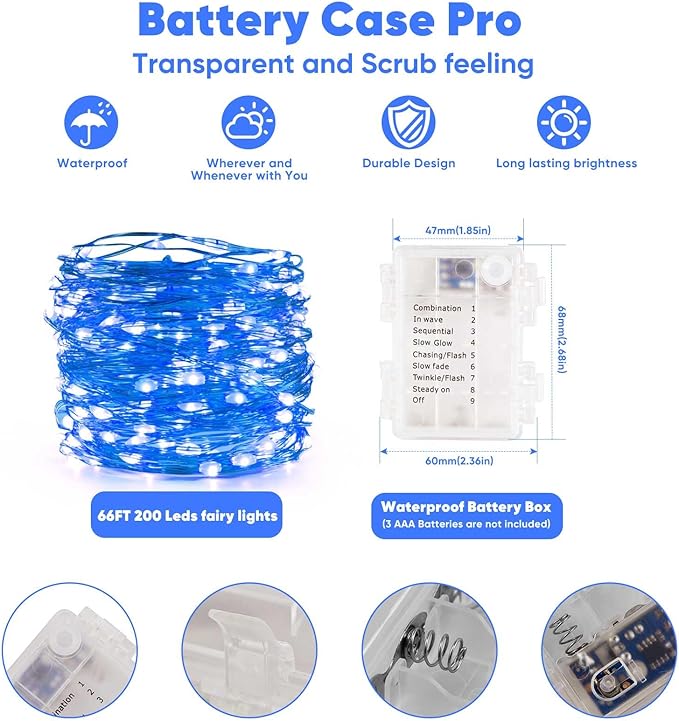4 Pack 65.6 Ft. Battery Operated Outdoor String Lights with Remote & Timer, LED Blue Fairy Lights, Waterproof Twinkle Lights for Bedroom, Dorm, Mason Jar, Wedding, Party, Christmas