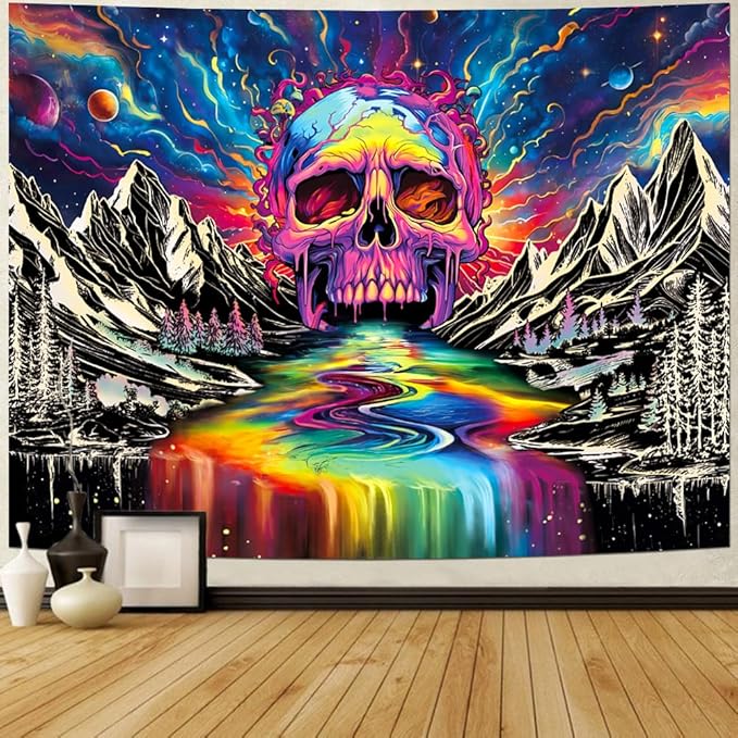 Blacklight Skull Tapestry UV Reactive Galaxy Mountain Planet Tapestries Magic Neon River Wall Hanging Aesthetic Skeleton Wall Decor Forest Trees Landscape Backdrop for Living Room