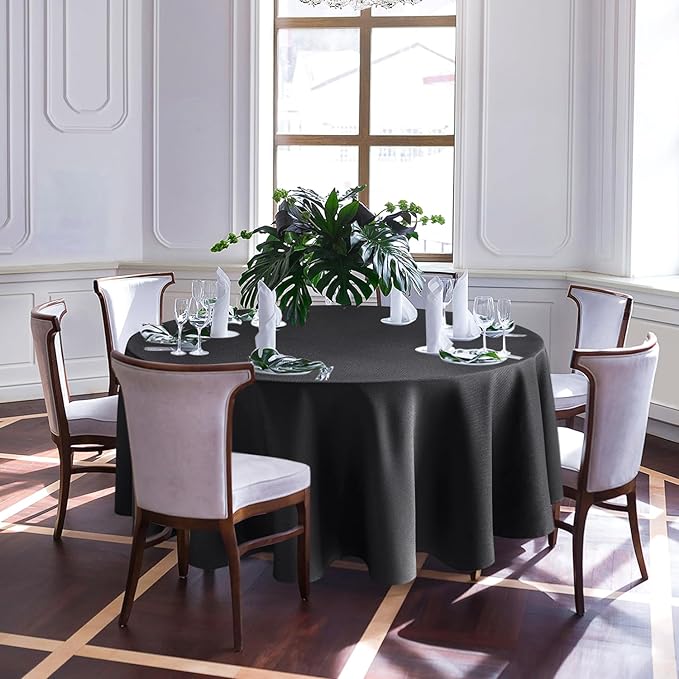 Biscaynebay Textured Fabric Round Tablecloths 90", Black Water Resistant Washable Table Cloths Circle Folding Table Covers Linen for Dining, Kitchen, Wedding & Parties, etc