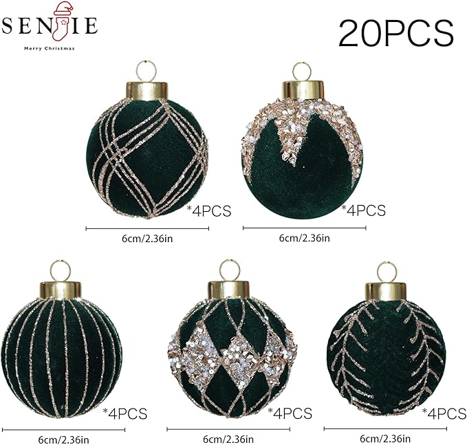 20PCS Velvet Ornaments for Christmas Tree, 2.36INCH Glitter Flocked Christmas Ornaments Decorations Balls Set Decor
