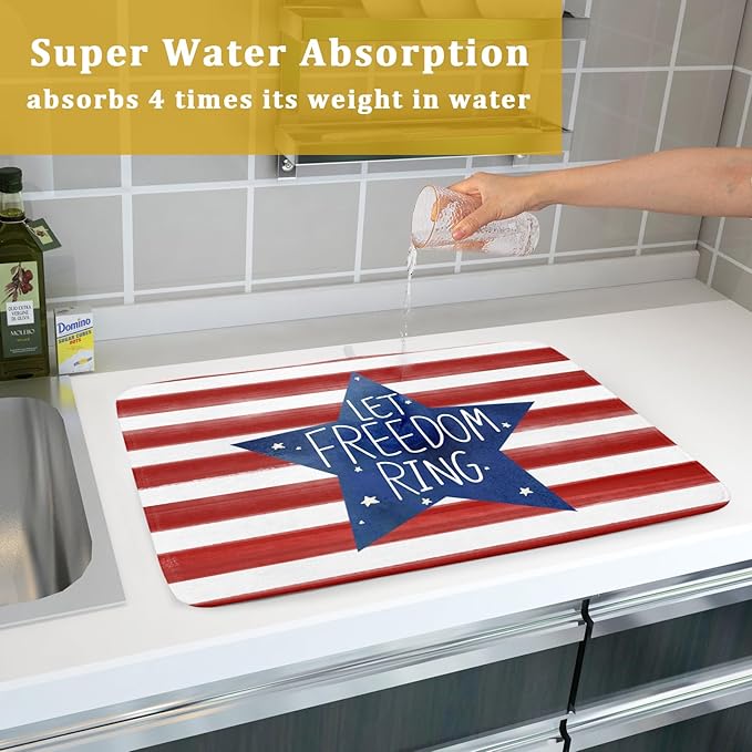 4th of July Dish Drying Mat for Kitchen Counter Patriotic Absorbent Reversible Microfiber Kitchen Countertop Protector Dishes Pad Large 18x24 inch