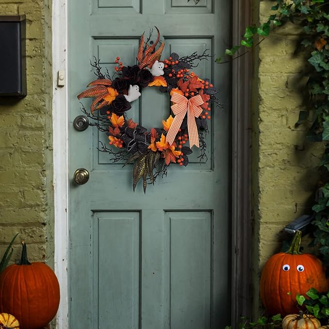 Adeeing 26 Inch Halloween Wreaths for Front Door, Halloween Decorations Ghost Wreath with Feathers Artificial Black Rose and Ribbon for Indoor Outdoor Home Party Decor