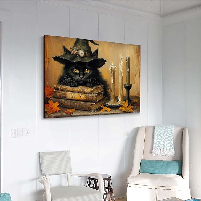 Vintage Halloween wall decoration black cat and magic book suitable for home bedroom living room decoration dark classic art witch wall decoration16x24in Wood Framed