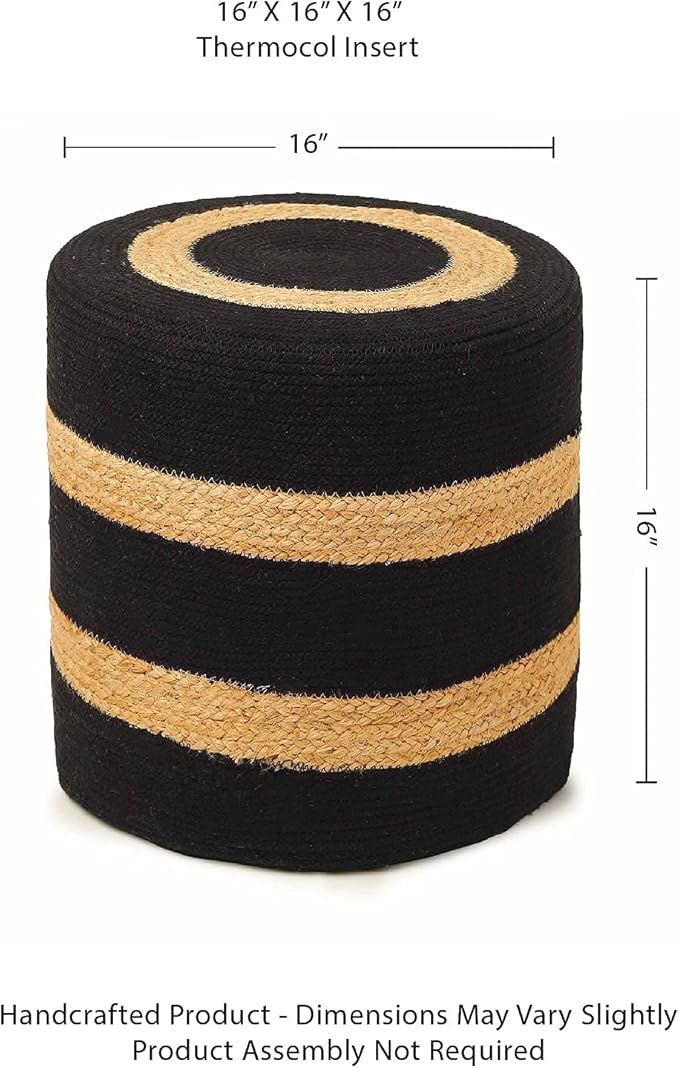 REDEARTH · Cylindrical Pouf Foot Stool Ottoman - Jute Braided Pouffe Poof Accent Sitting Footrest for The Living Room, Bedroom, Nursery, Patio, Lounge & Other Rooms (14.5”x14.5”x16”; Black Natural)