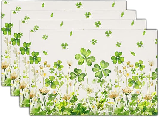St. Patrick's Day Placemats Set of 4 Watercolor Green Shamrock Floral Spring Seasonal Washable Non-Slip Heat Resistant Place Mats 12x18 Inch Linen Table Mats for Kitchen Dining Party