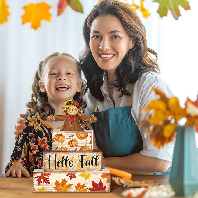 4 Pcs Fall Decor for Home Scarecrow Pumpkin Wooden Signs with Sayings Autumn Scarecrow Tiered Tray Decor Hello Fall Tabletop Centerpiece Maple Leaf Block Signs for Thanksgiving Office Kitchen Shelf