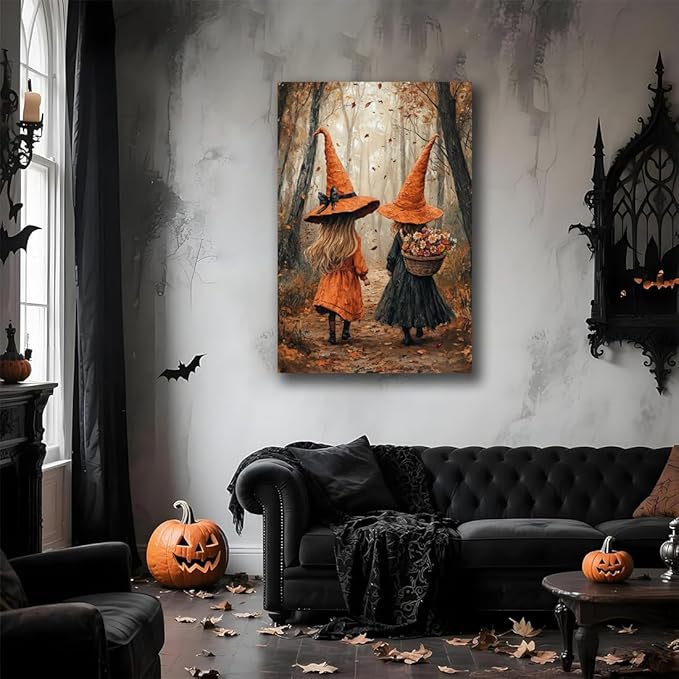 Fall Wall Art Witch Picture Decor,Little Girl Witch Halloween Wall Art, Vintage Autumn Whimsical Woodland Forest Picture, Family Room Nursery Playroom Children Room Decoration,24"x36" Framed