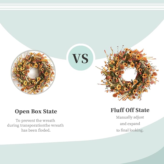 Bibelot Fall Front Door Wreath, 22" Artificial Floral with Colorful Daisies and Autumn Foliage - Orange for Wall, Window and Thanksgiving Decor