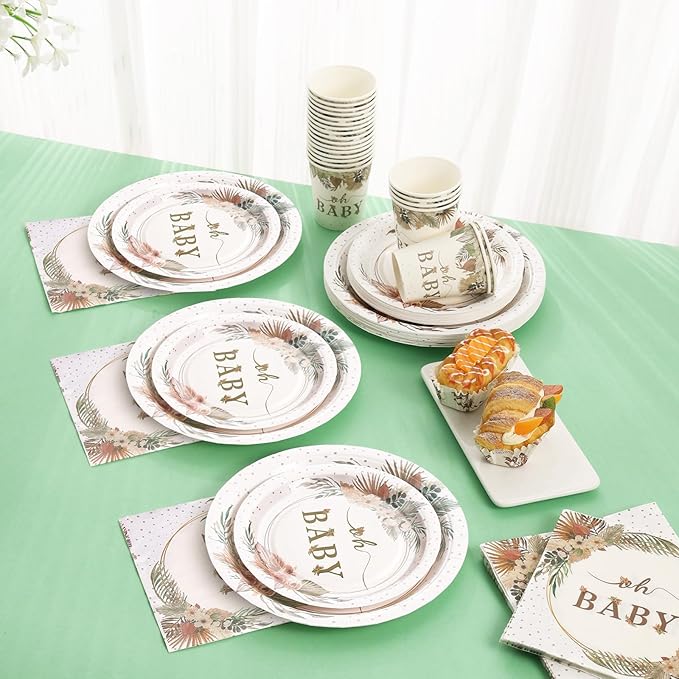 140 Pcs Boho Baby Shower Decorations for Girl, Baby Shower Plates and Cups and Napkins Sets, Oh Baby Plates for Western Sweet Baby Girl, Summer Fall Neutral, Serves 20