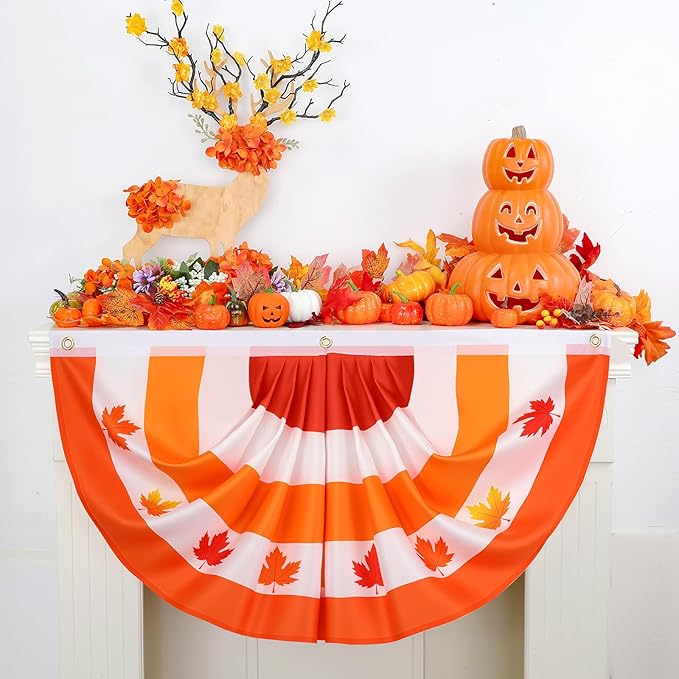 3 Pcs Fall Bunting Outdoor Flag for Outside 3 x 1.5 ft Fall Banner Leaf Pattern Hanging Pleated Bunting Fan Flag Autumn Thanksgiving Outdoor Decorations for Holiday Party