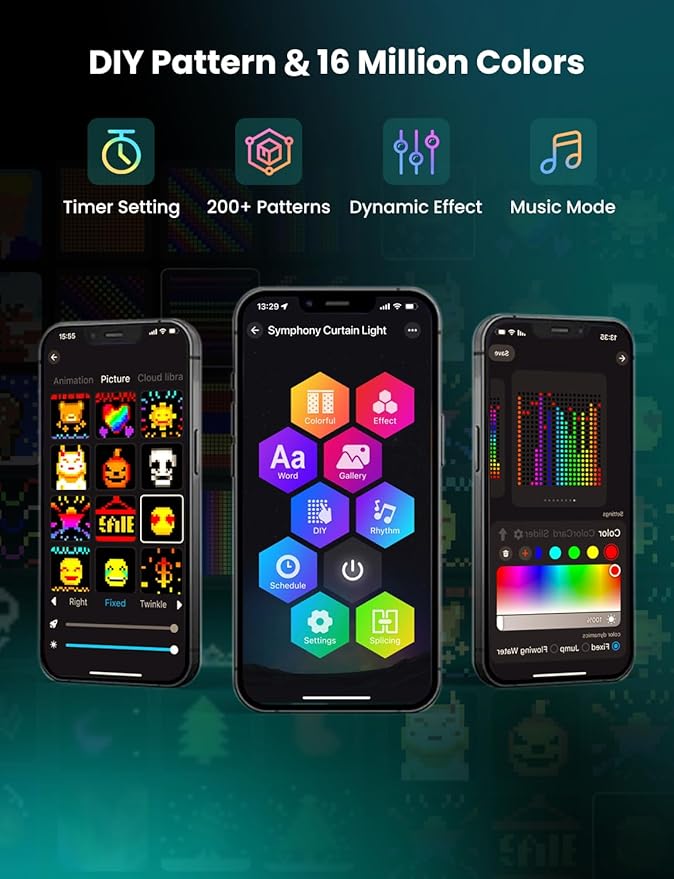 Smart LED Curtain Lights, RGB+IC Color Changing Holiday Wall Lights, 3.3x3.3ft 400 LEDs, Indoor Dynamic DIY String Lights, APP Remote Control, for Bedroom, Living Room, Window Decor, Party, Wedding