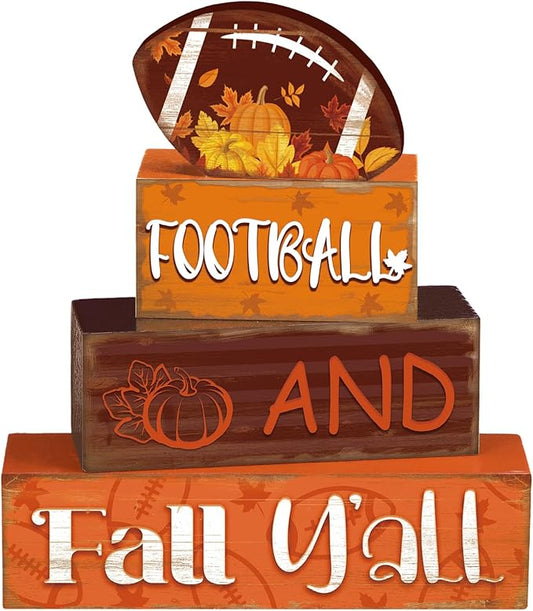 4 Pcs Fall Thanksgiving Decor for Home Football Wooden Signs with Sayings Fall Thanksgiving Tiered Tray Decor Pumpkin Football Tabletop Centerpiece Maple Leaf Block Signs for Office Kitchen Shelf